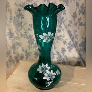 Antique Green Bohemian Handpainted Floral Glass Vase